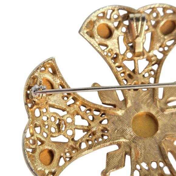 Maltese Cross Brooch Pendant Goldtone Gripoix Glass Emerald Pearl‎ Open Back Vtg - Picture 4 of 8